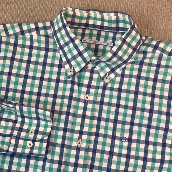 Southern Tide Other - Southern Tide Button Down Shirt Men Large Blue Teal Gingham Long Sleeve Stretch